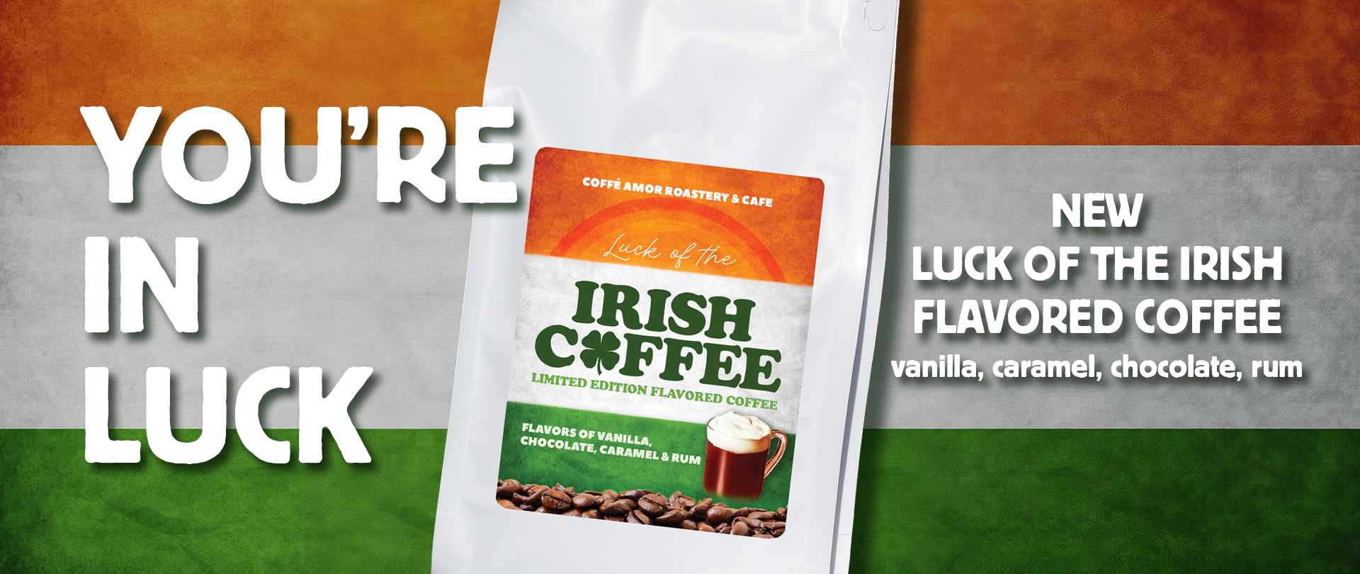 Coffee bag with 'Luck of the Irish Coffee' branding on a multicolored background